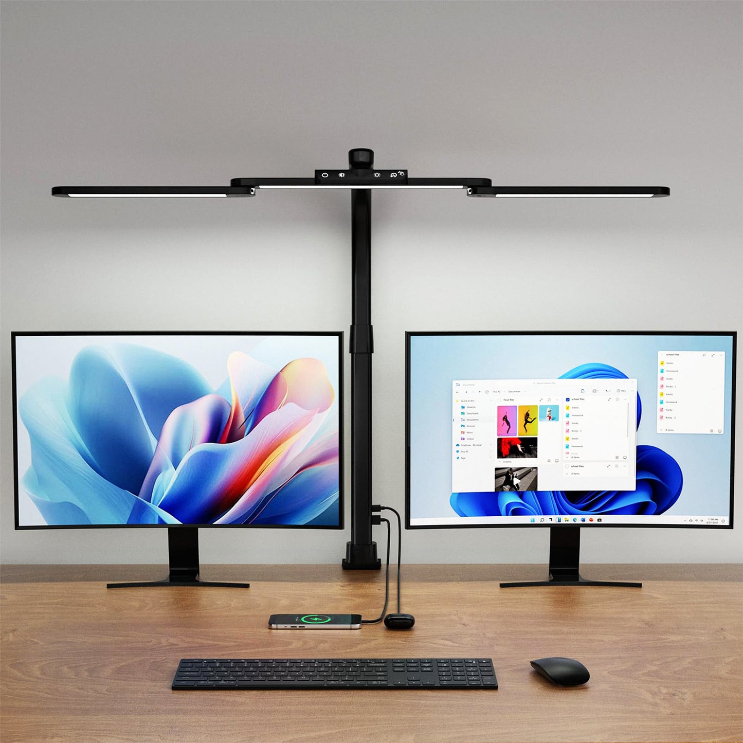 Five Light Colors LED Desk Lamp - Gooseneck Architect Clamp-on w/ Dimming Touch, Hand-Wave Control, & USB Charging Ports