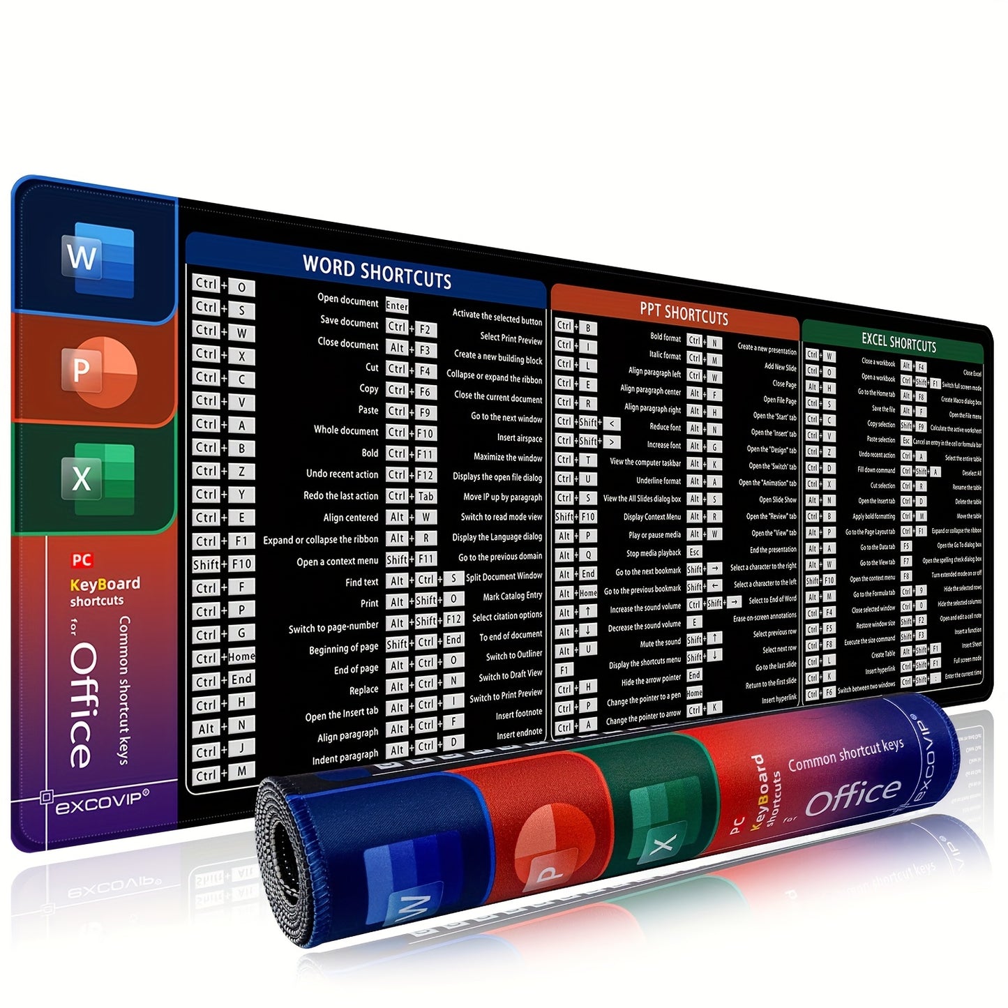 Alfombrilla de escritorio grande antideslizante - Accesos directos de Microsoft para: Word, PowerPoint y Excel