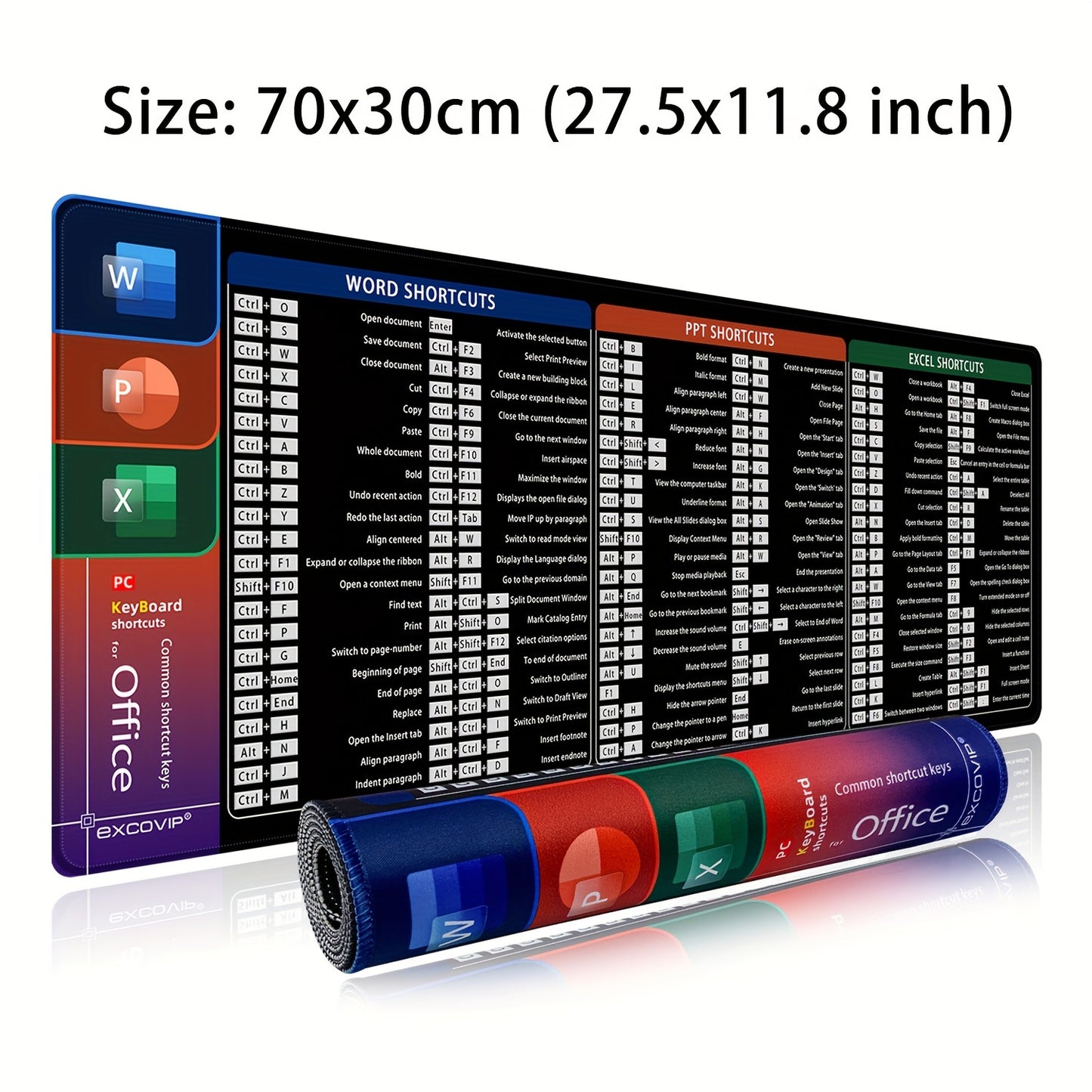 Grand sous-main antidérapant - Raccourcis Microsoft pour : Word, PowerPoint et Excel