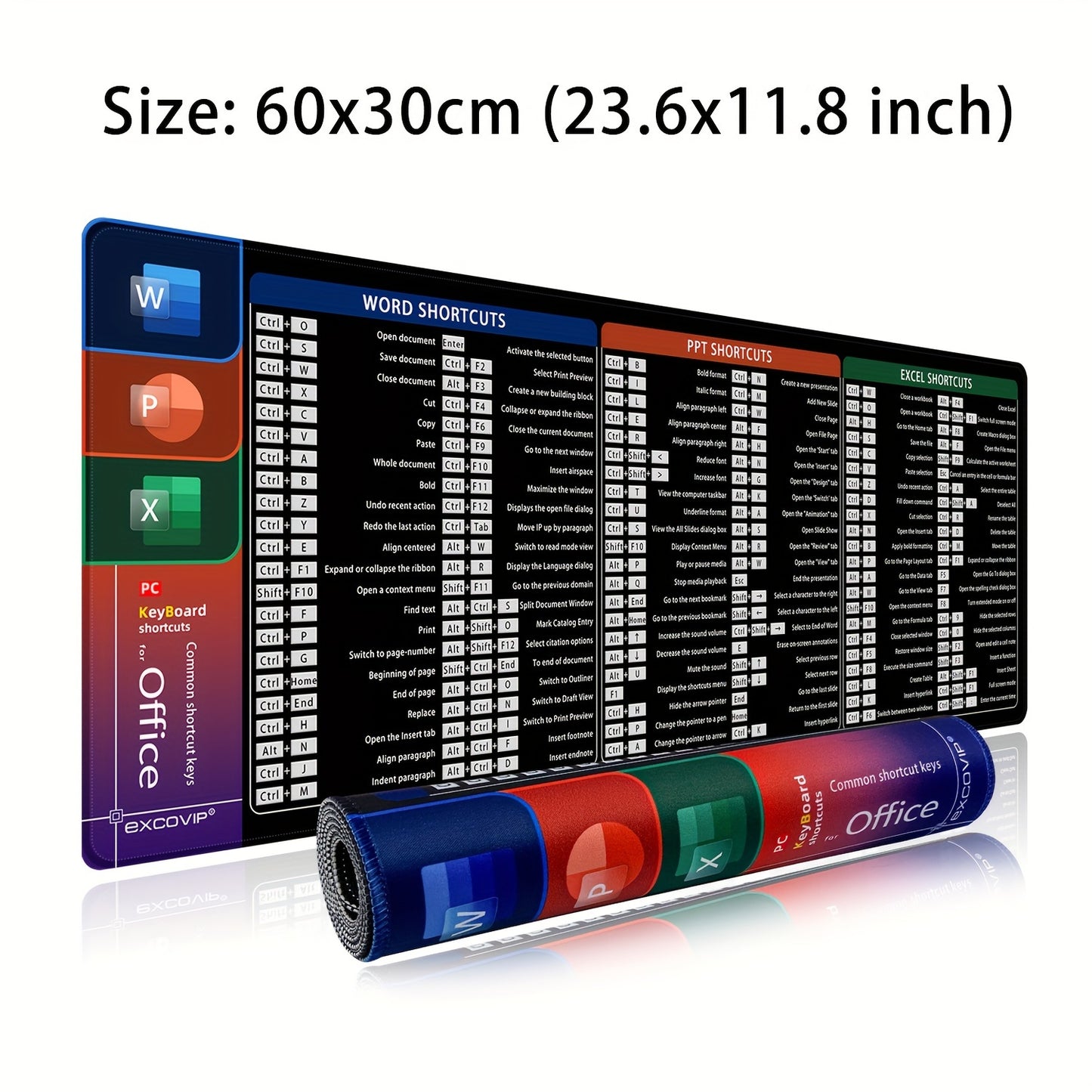 Alfombrilla de escritorio grande antideslizante - Accesos directos de Microsoft para: Word, PowerPoint y Excel