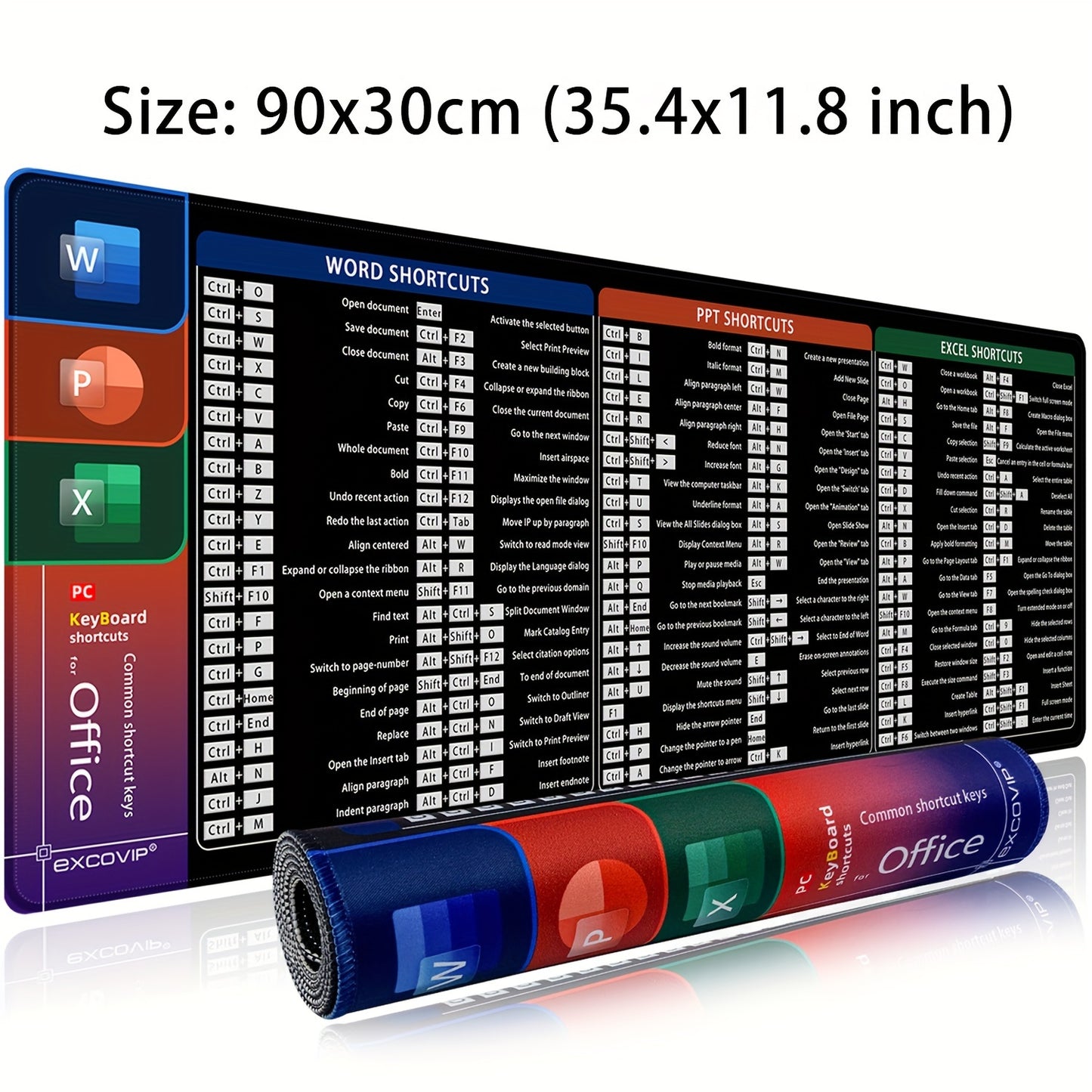 Alfombrilla de escritorio grande antideslizante - Accesos directos de Microsoft para: Word, PowerPoint y Excel