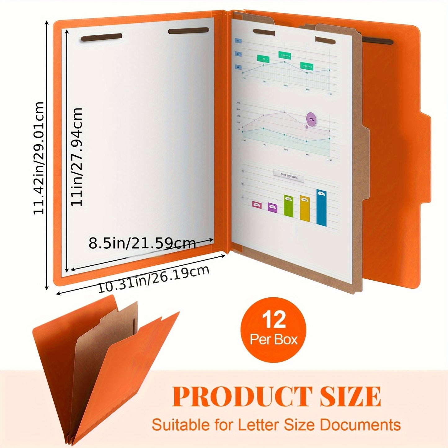 12pcs Classification Folders w/ 1 Divider, Fasteners, and 3.5in Expansion - Orange