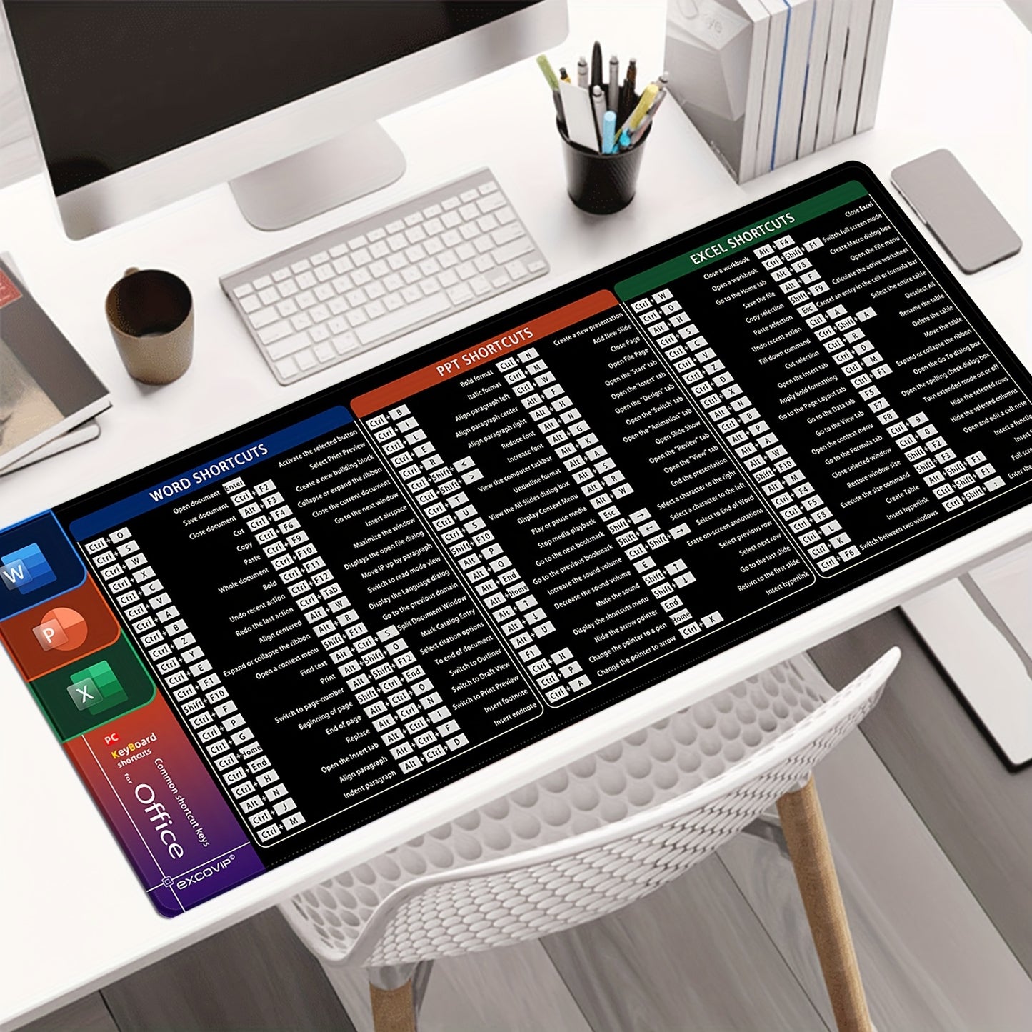 Alfombrilla de escritorio grande antideslizante - Accesos directos de Microsoft para: Word, PowerPoint y Excel
