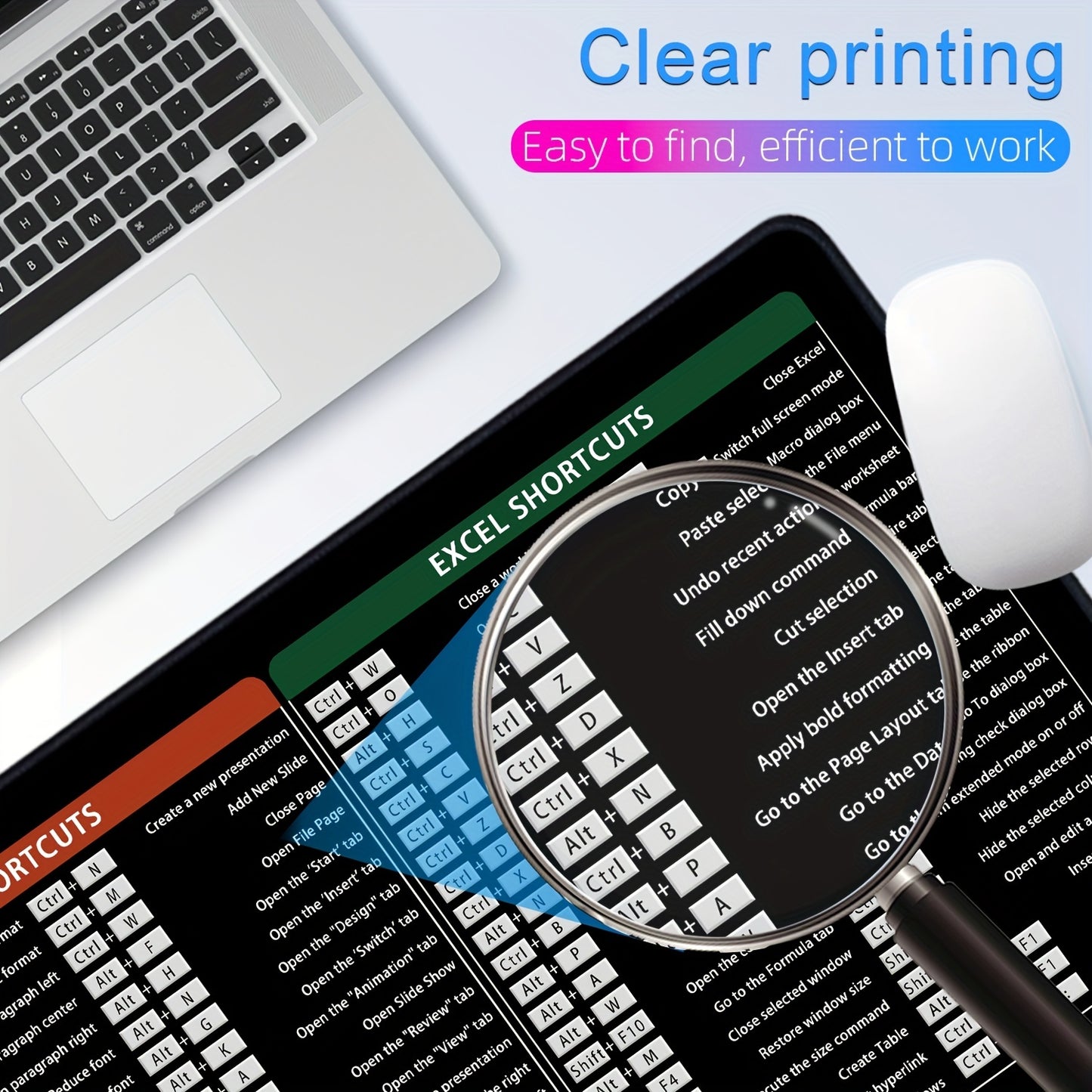 Alfombrilla de escritorio grande antideslizante - Accesos directos de Microsoft para: Word, PowerPoint y Excel