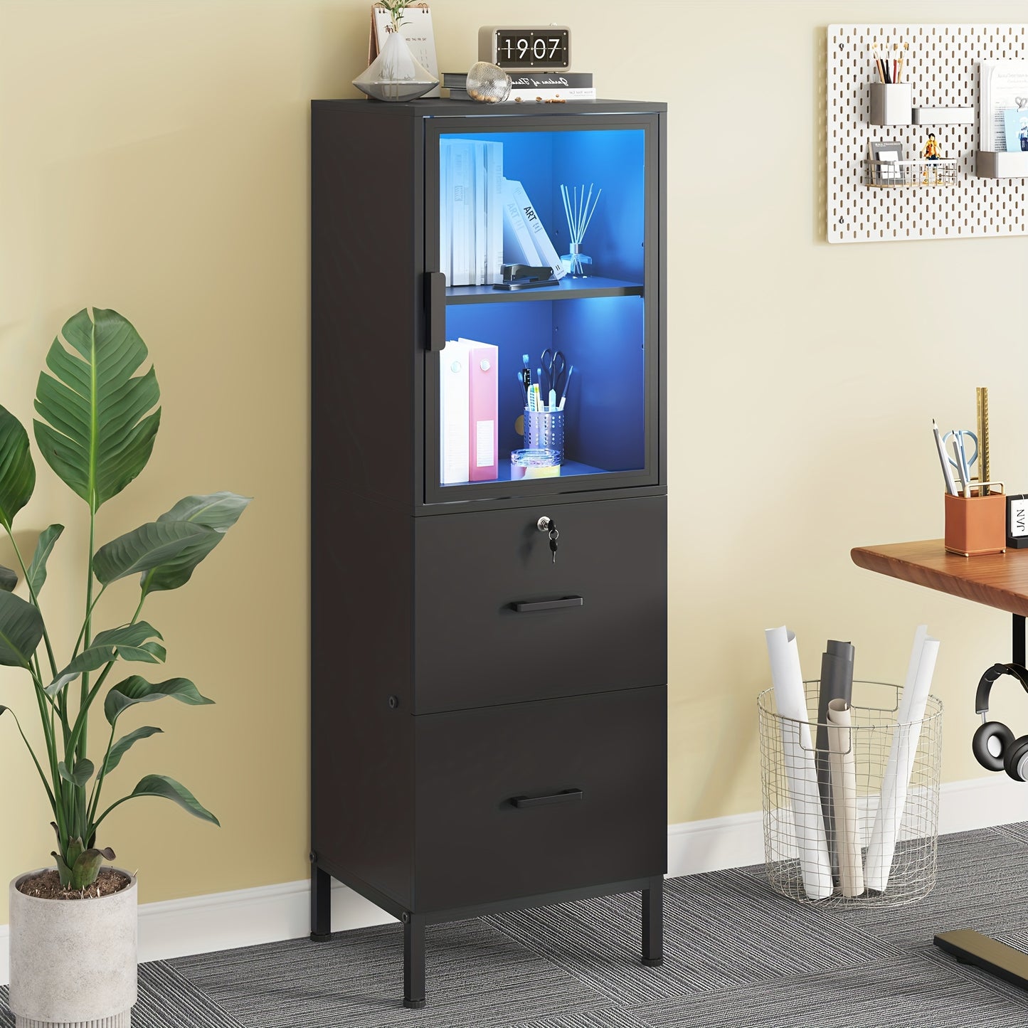 Two Drawer File Cabinet w/ Acrylic Cabinet Door, LED Lights, & Lock - Fits Letter and A4 Files