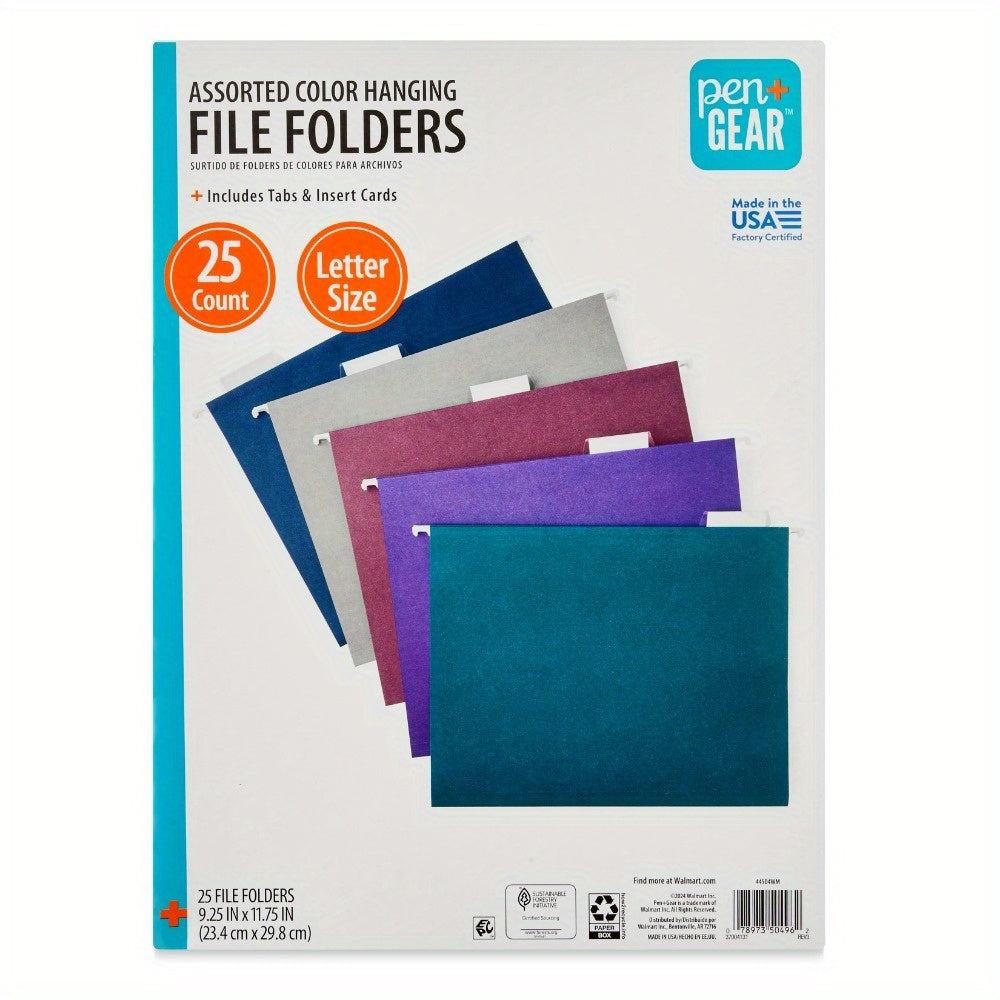 25pk Assorted Jewel Tone Letter-Size Hanging File Folders - 1/ 5 Cut Tabs and Inserts