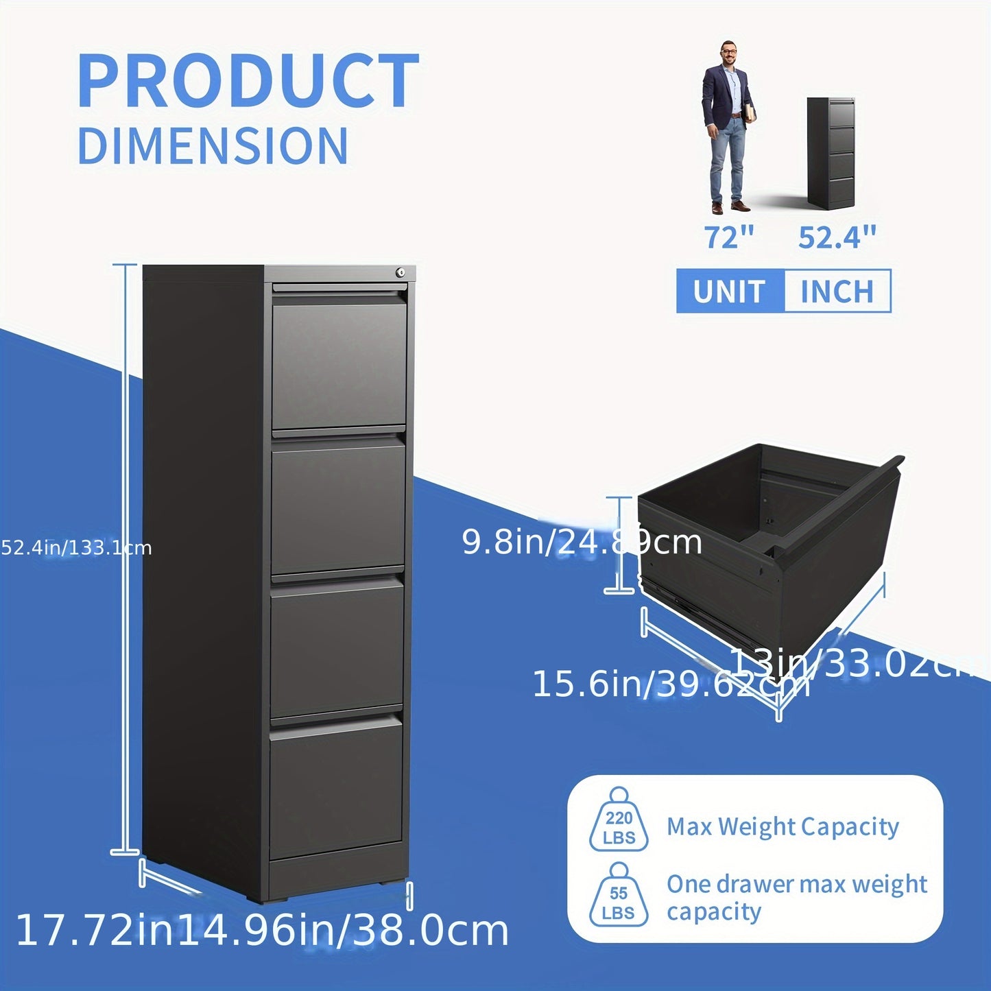 Four Drawer Heavy Duty Metal File Cabinet for Letter, Legal, and A4 Sized Files