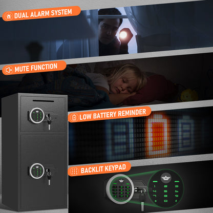 XL Fireproof Home Safe Box - Digital Security Box w/ Deposit Slot & Metal Storage Box & Dual Alarms