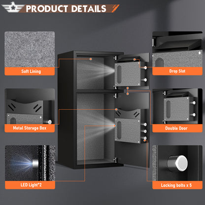 XL Fireproof Home Safe Box - Digital Security Box w/ Deposit Slot & Metal Storage Box & Dual Alarms