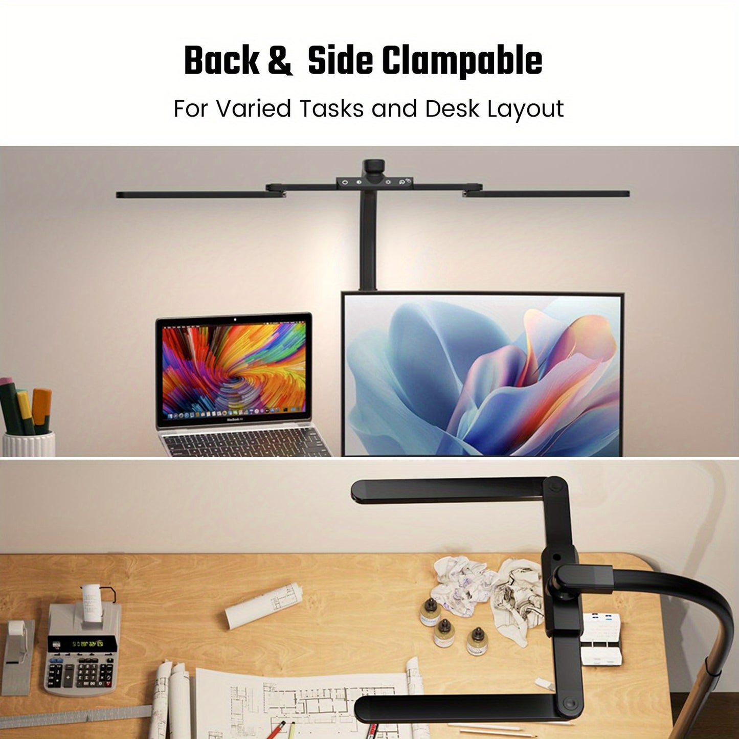 Five Light Colors LED Desk Lamp - Gooseneck Architect Clamp-on w/ Dimming Touch, Hand-Wave Control, & USB Charging Ports
