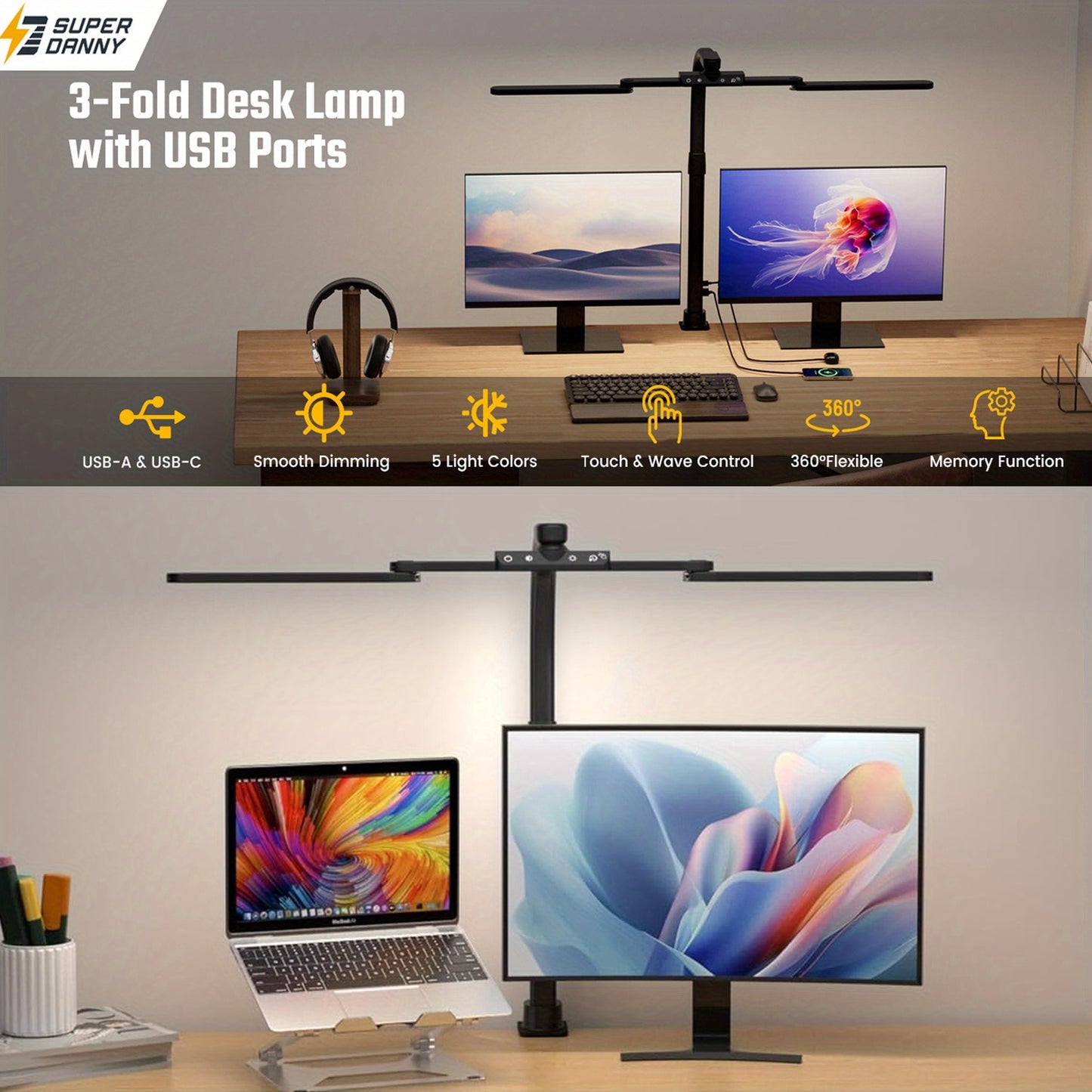 Five Light Colors LED Desk Lamp - Gooseneck Architect Clamp-on w/ Dimming Touch, Hand-Wave Control, & USB Charging Ports