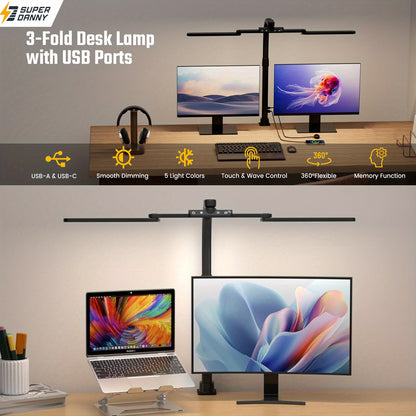 Five Light Colors LED Desk Lamp - Gooseneck Architect Clamp-on w/ Dimming Touch, Hand-Wave Control, & USB Charging Ports