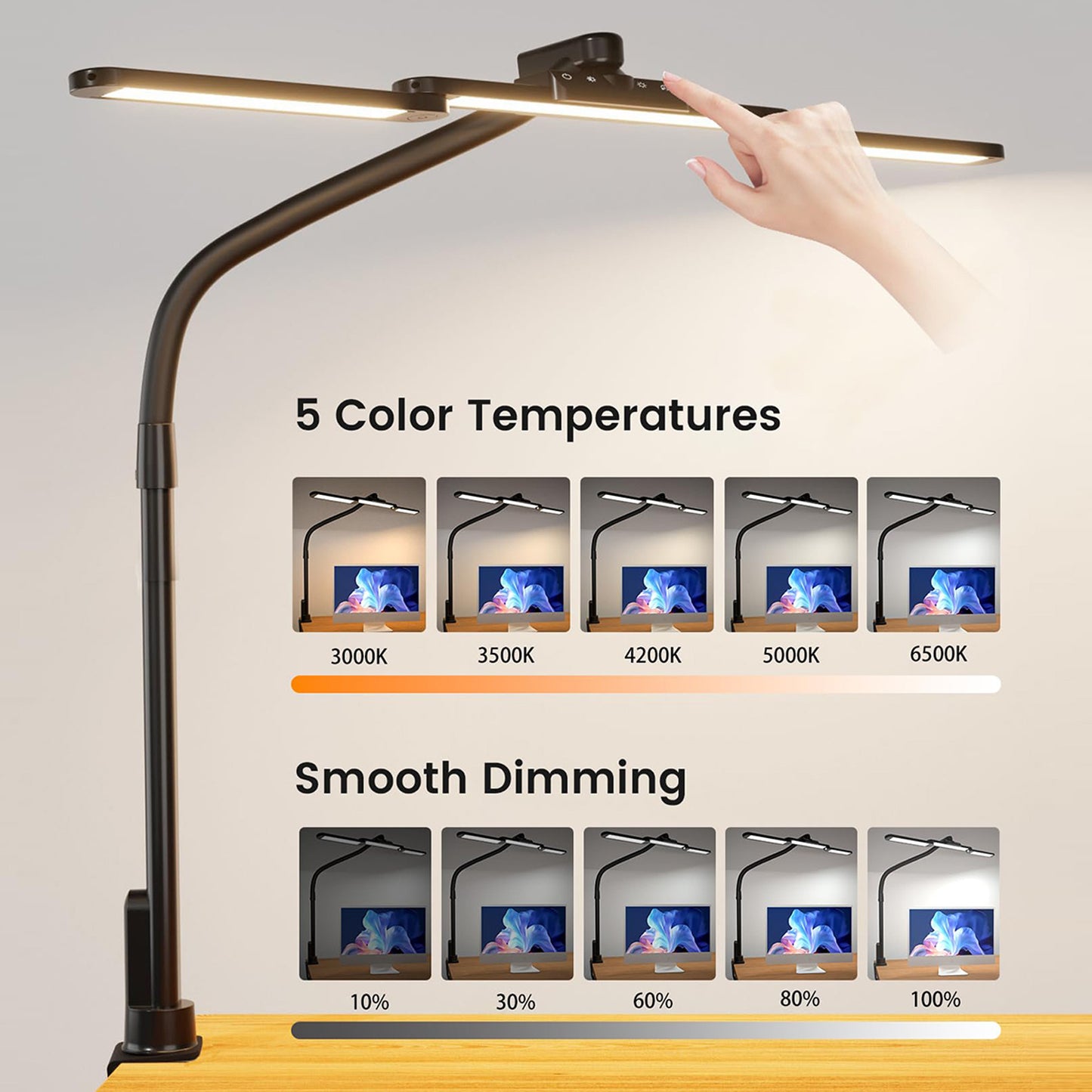 Five Light Colors LED Desk Lamp - Gooseneck Architect Clamp-on w/ Dimming Touch, Hand-Wave Control, & USB Charging Ports