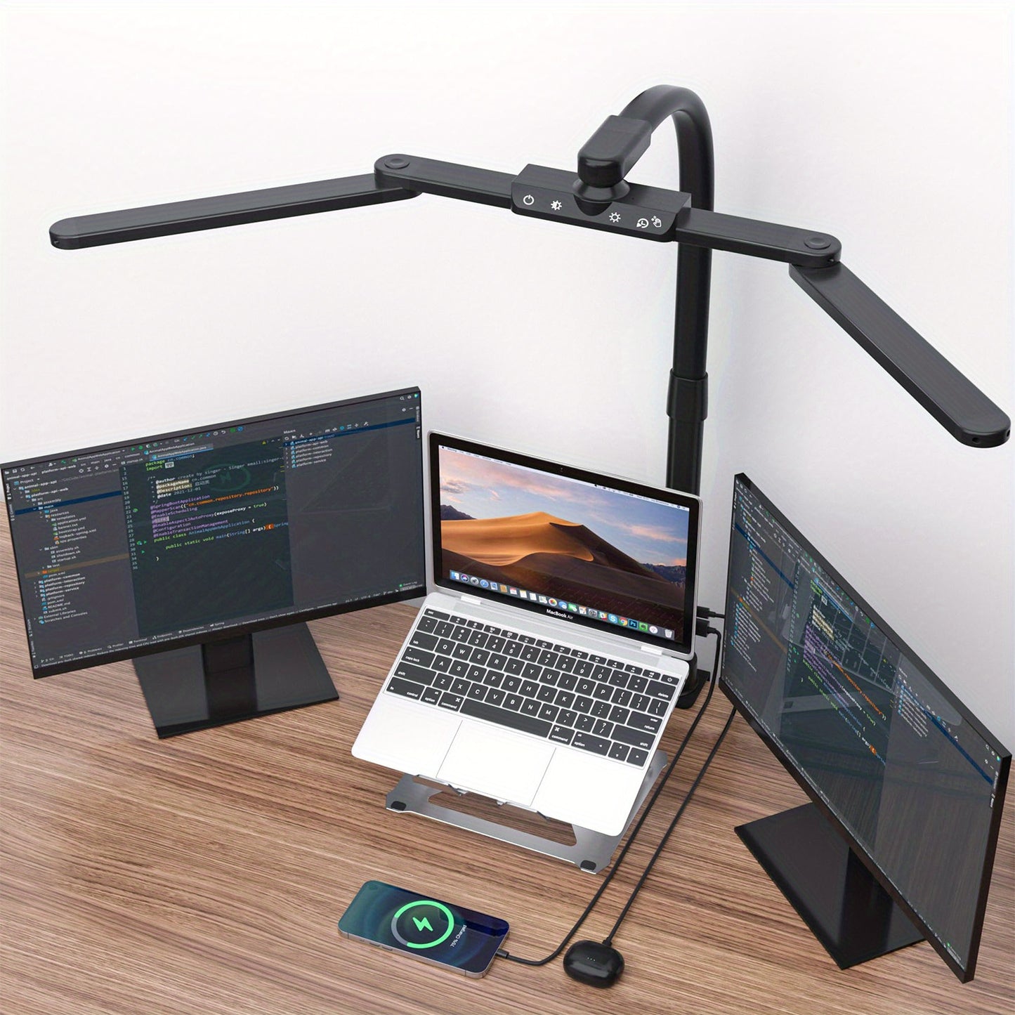 Five Light Colors LED Desk Lamp - Gooseneck Architect Clamp-on w/ Dimming Touch, Hand-Wave Control, & USB Charging Ports