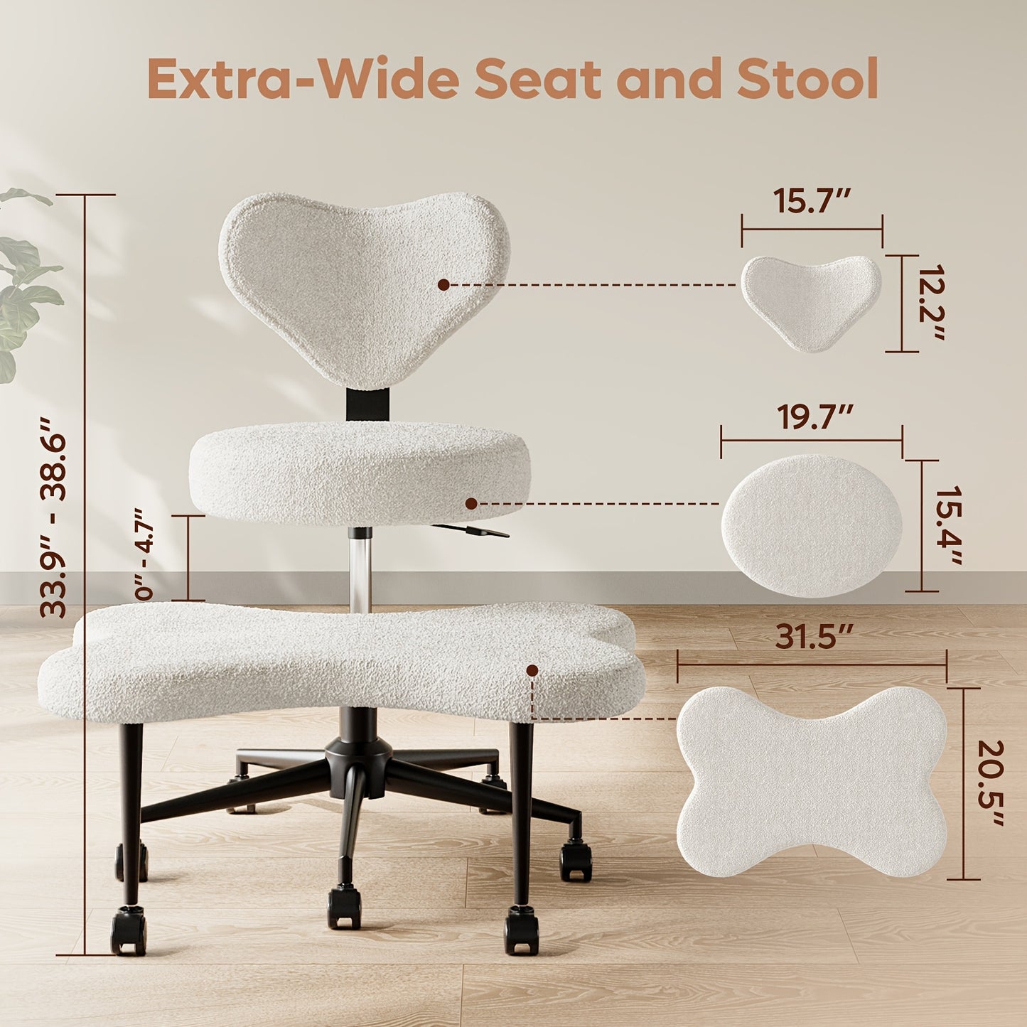 Chaise à pieds croisés réglable en hauteur avec roulettes et support dorsal ergonomique 