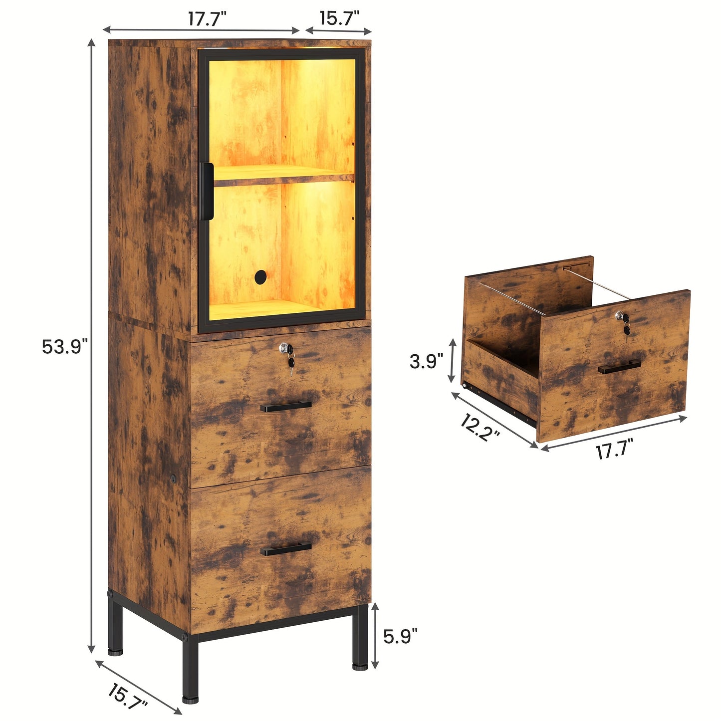 Two Drawer File Cabinet w/ Acrylic Cabinet Door, LED Lights, & Lock - Fits Letter and A4 Files