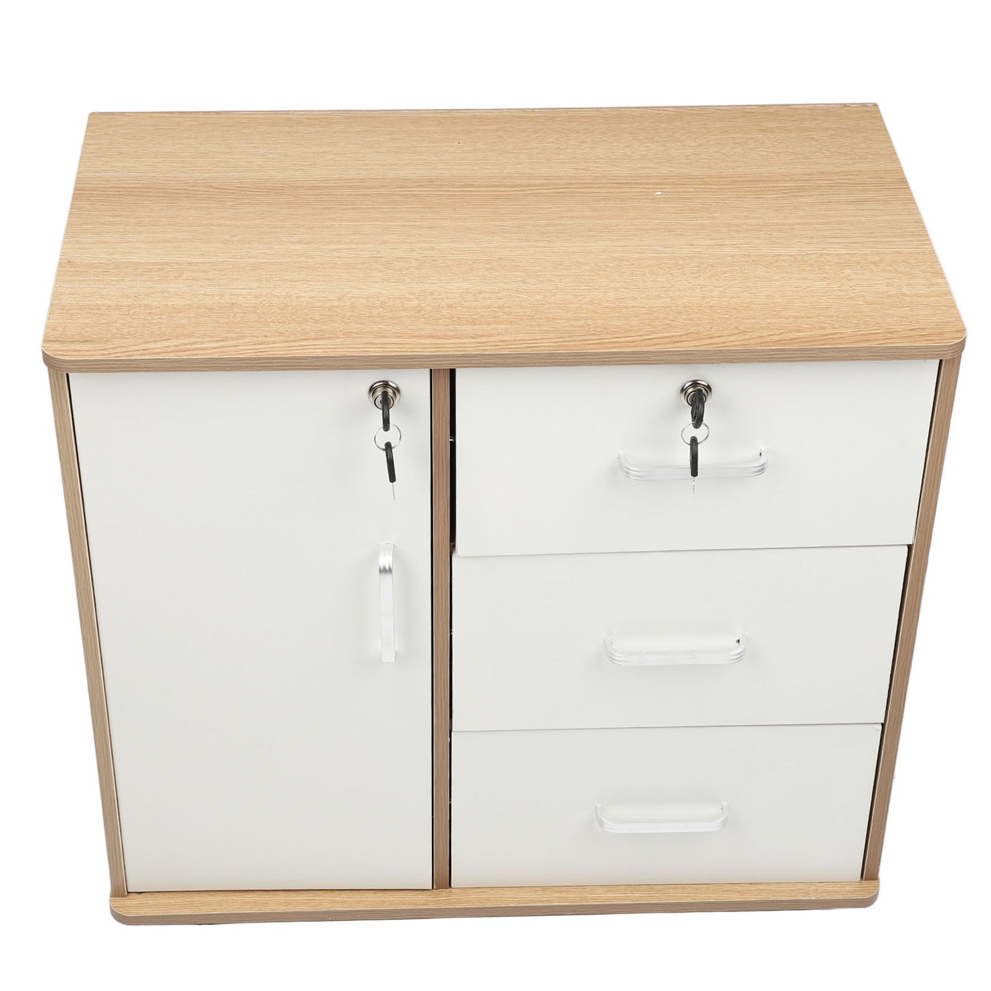 Meuble de rangement blanc/bois - Table antivol avec serrure et roulettes amovibles