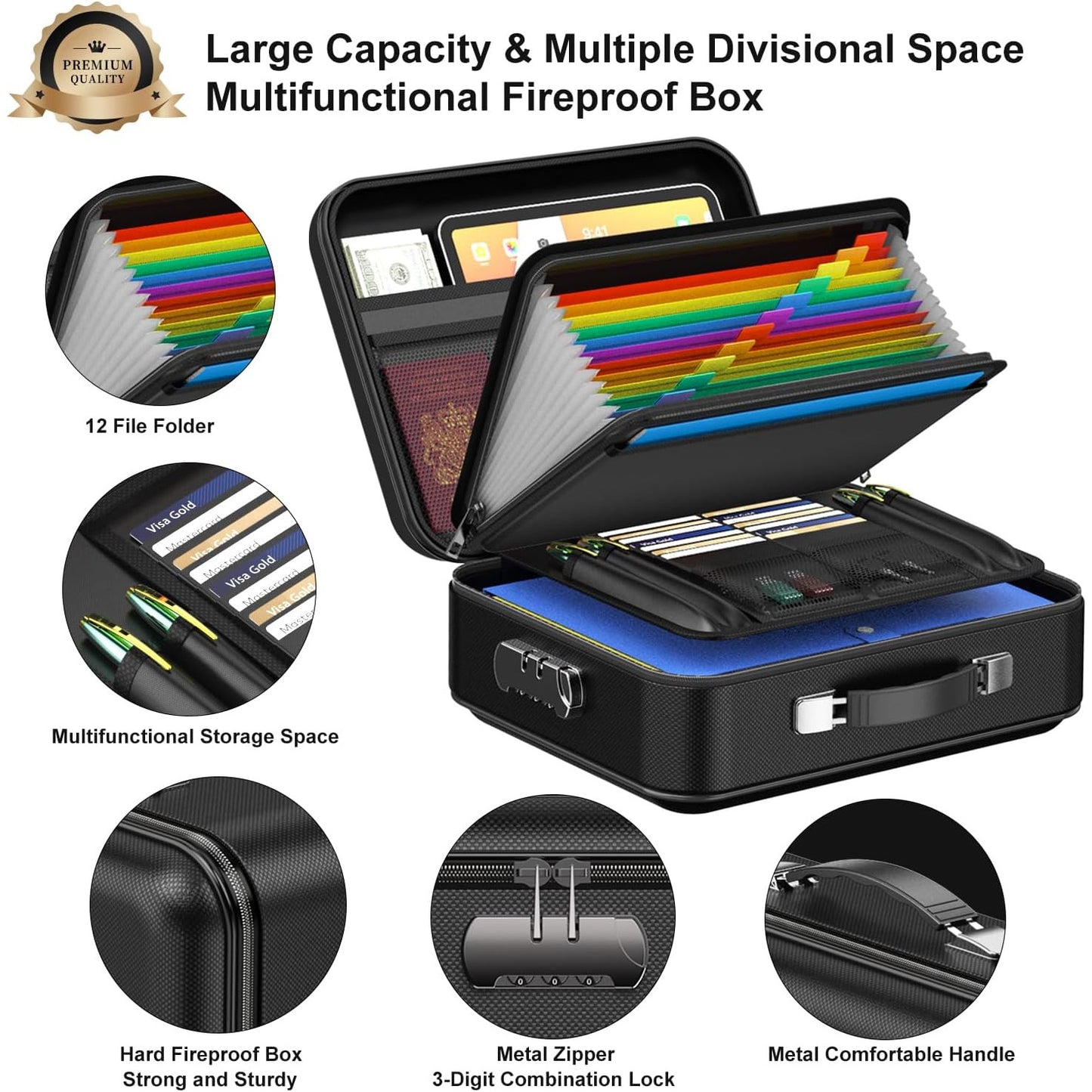 Medium Fireproof File Box w/ Hard-Shell Lock Design & Water Resistant