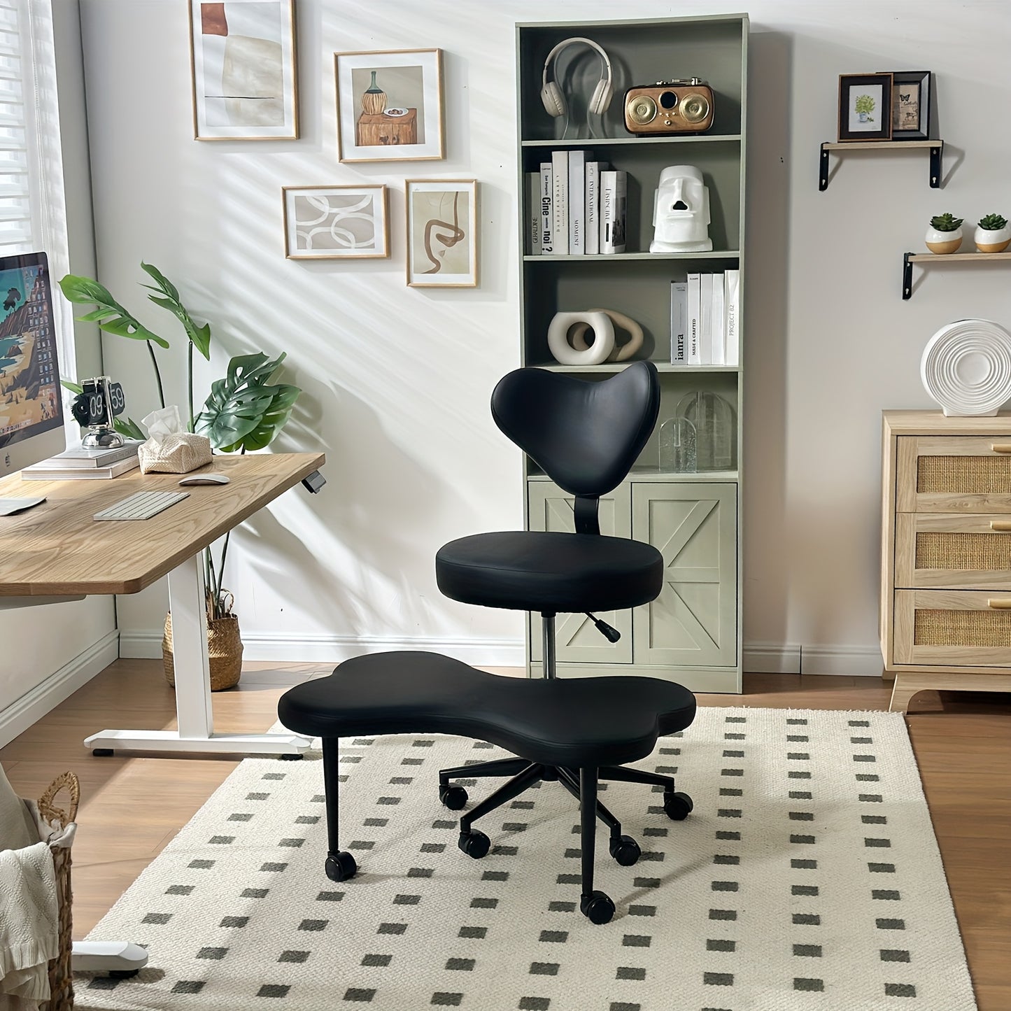 Chaise à pieds croisés réglable en hauteur avec roulettes et support dorsal ergonomique 