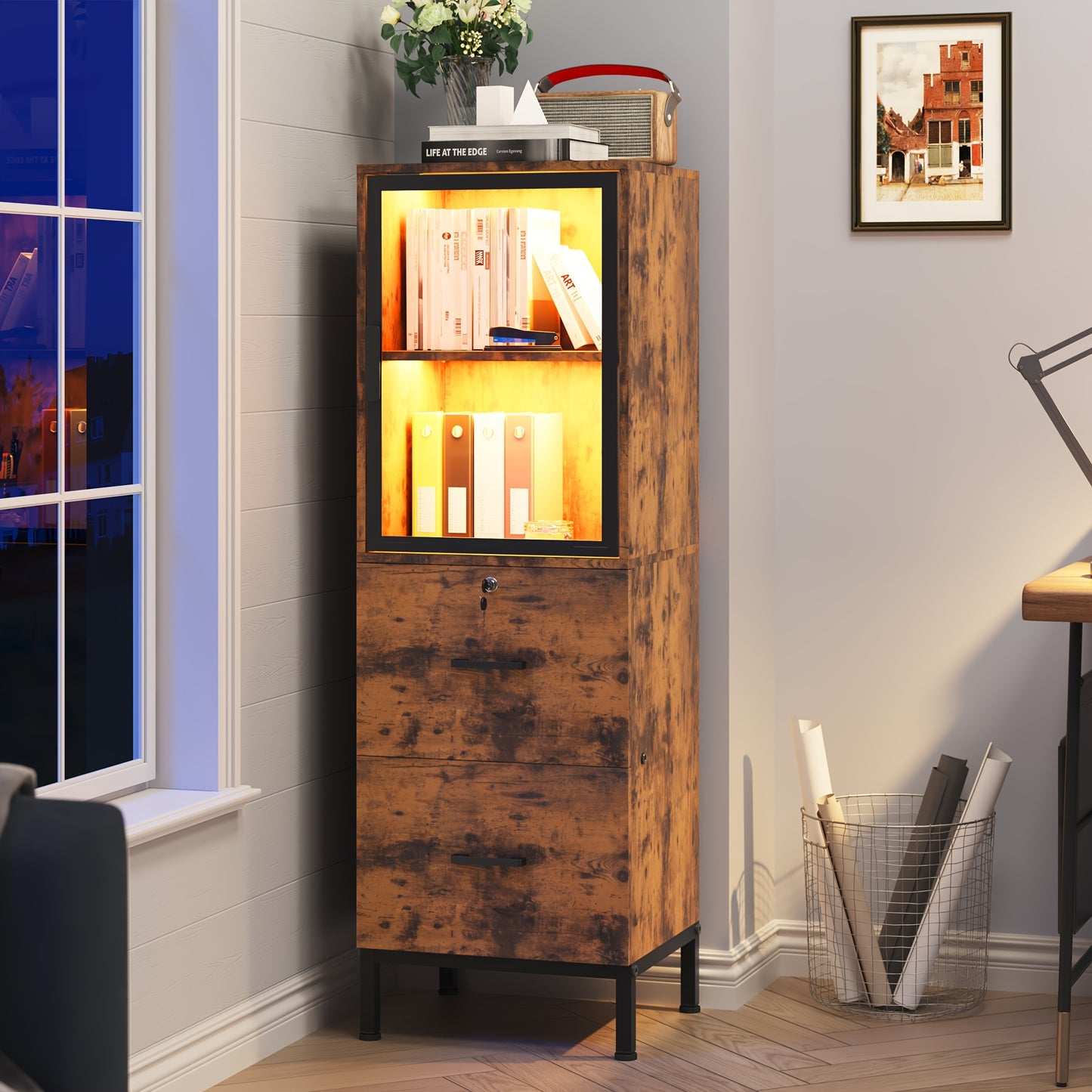 Two Drawer File Cabinet w/ Acrylic Cabinet Door, LED Lights, & Lock - Fits Letter and A4 Files