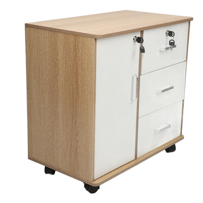 Meuble de rangement blanc/bois - Table antivol avec serrure et roulettes amovibles