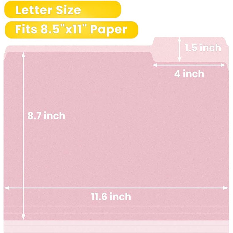 100pk Pink Letter-Size File Folders w/ 1/3 Cut Tabs -  8.5 x 11in