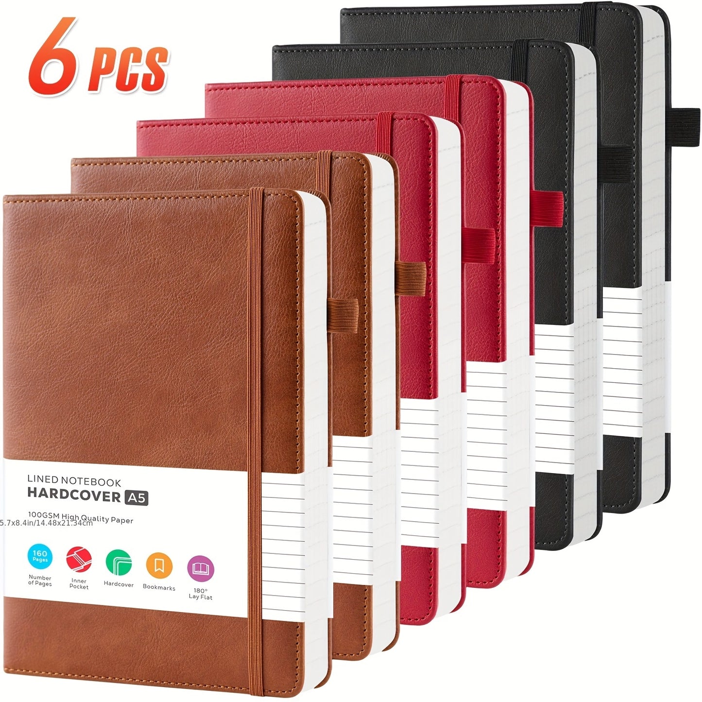 Lined College-Ruled Notebooks - A5 Size PU Leather Hardcover -- 6pks & 12pks Options