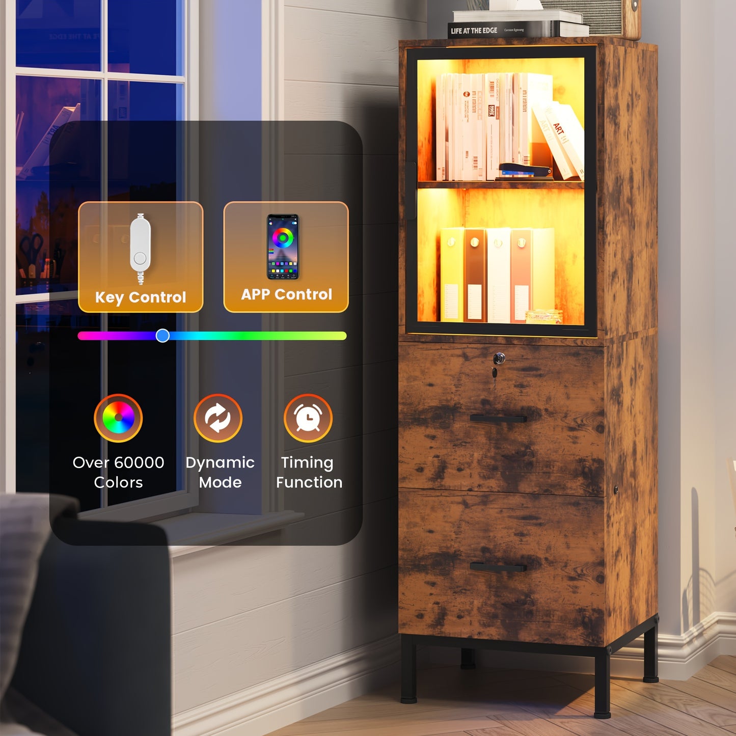 Two Drawer File Cabinet w/ Acrylic Cabinet Door, LED Lights, & Lock - Fits Letter and A4 Files