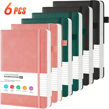 Lined College-Ruled Notebooks - A5 Size PU Leather Hardcover -- 6pks & 12pks Options