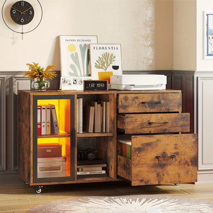 Three Drawer Rolling File Cabinet w/ LED Lights & Open Storage Shelves