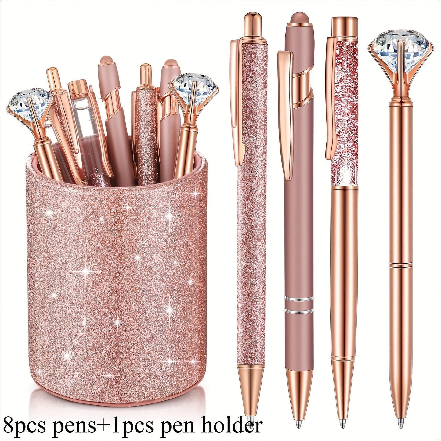 9pk Ballpoint Pen w/ Artificial Diamond & Glitter Pen Holder