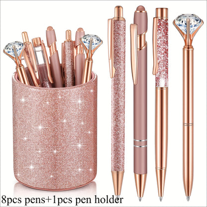 9pk Ballpoint Pen w/ Artificial Diamond & Glitter Pen Holder