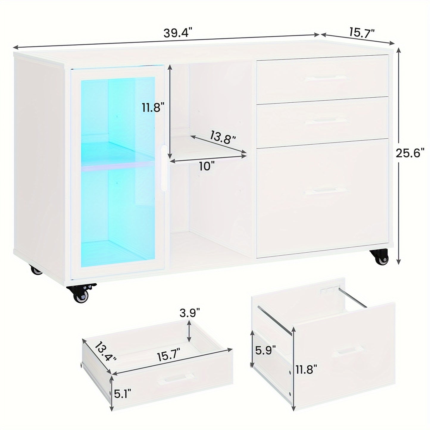 Three Drawer Rolling File Cabinet w/ LED Lights & Open Storage Shelves
