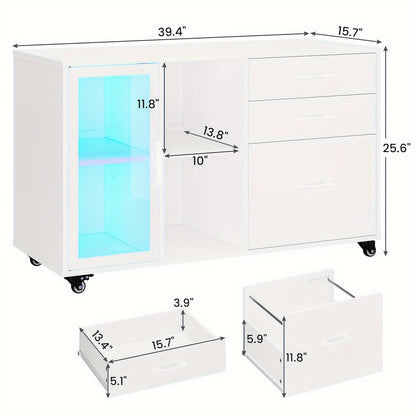Three Drawer Rolling File Cabinet w/ LED Lights & Open Storage Shelves