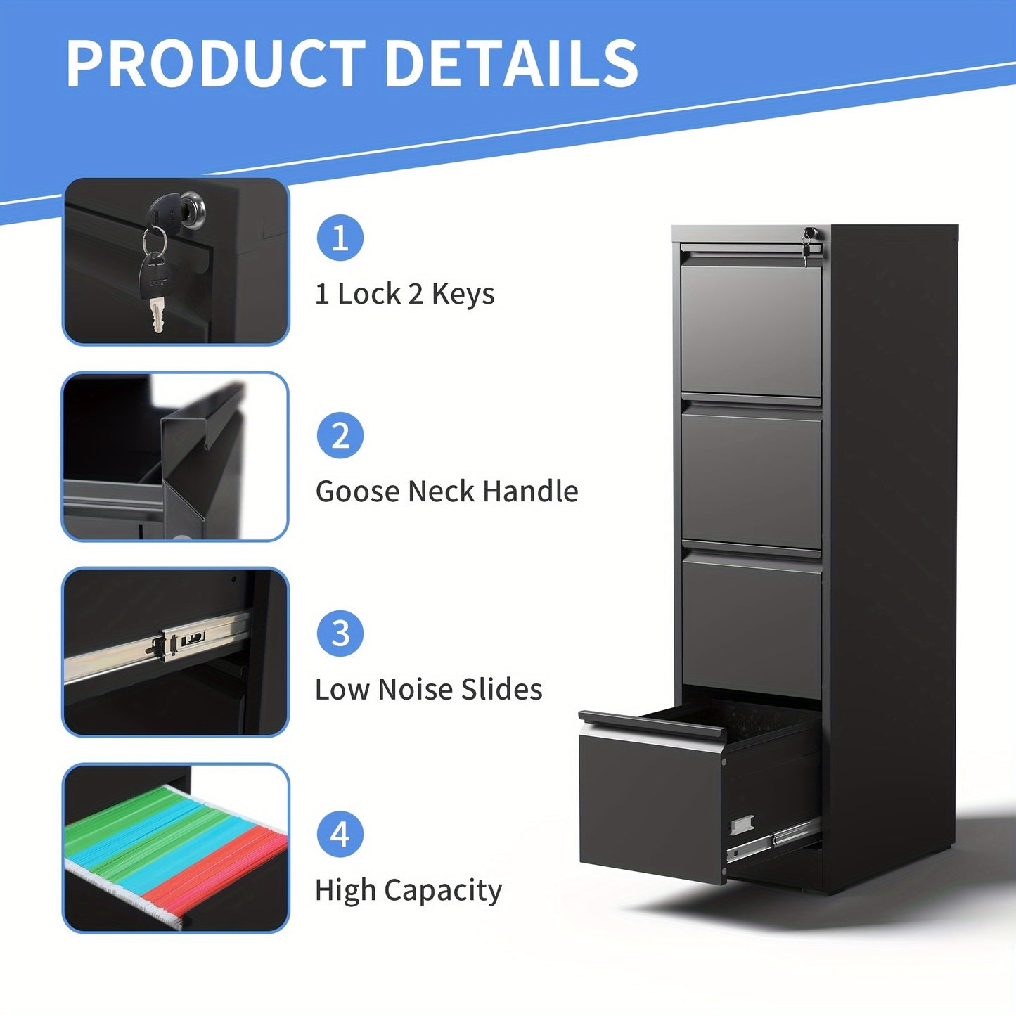 Four Drawer Heavy Duty Metal File Cabinet for Letter, Legal, and A4 Sized Files