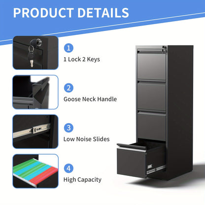 Four Drawer Heavy Duty Metal File Cabinet for Letter, Legal, and A4 Sized Files