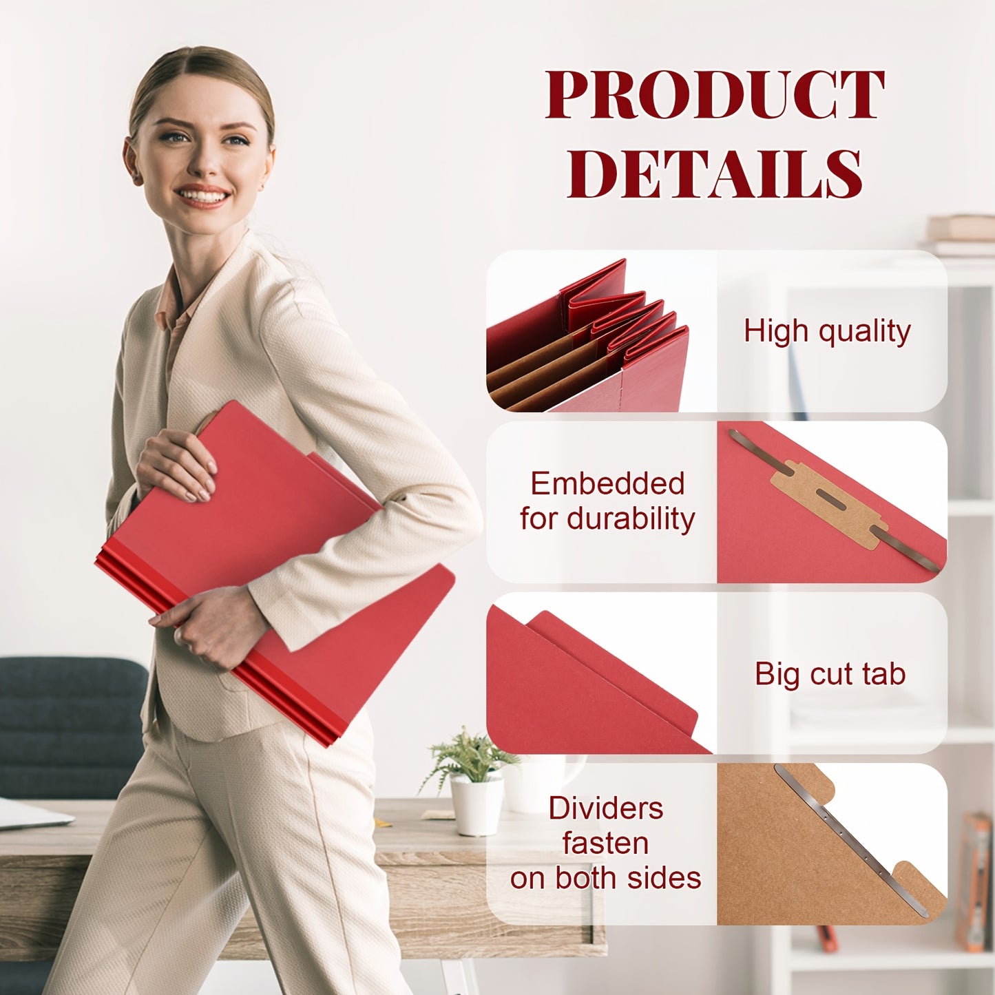 36pcs Classification Folders w/ 3 Dividers, Fasteners, and Expansion - Dark Red