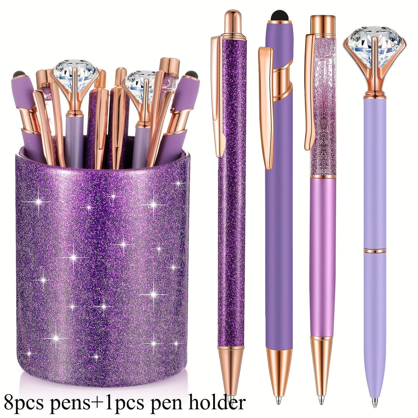 9pk Ballpoint Pen w/ Artificial Diamond & Glitter Pen Holder