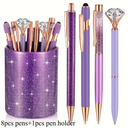 9pk Ballpoint Pen w/ Artificial Diamond & Glitter Pen Holder