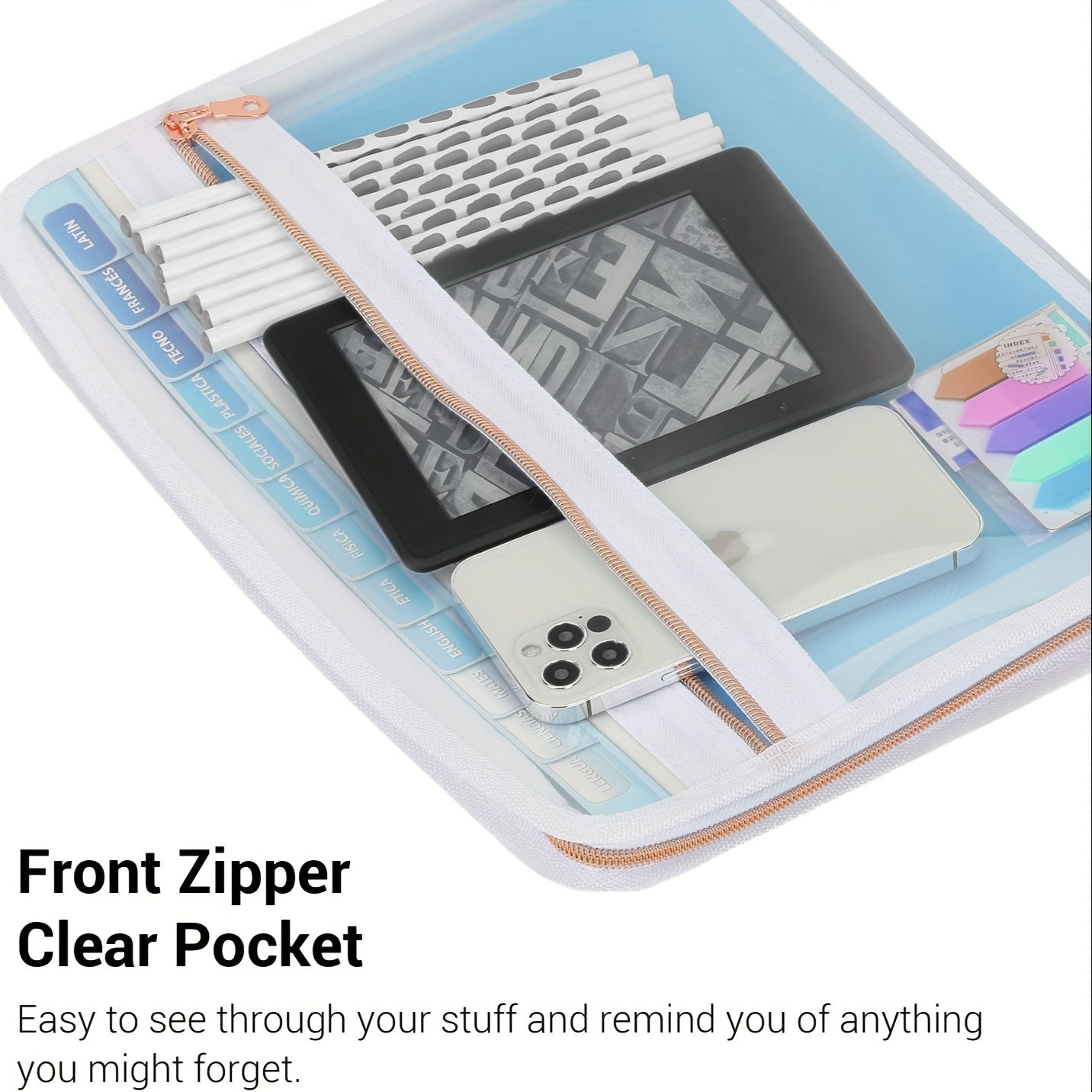 13-Pocket Expanding File Folder w/ Front Pencil Pouch, Secure Zipper, and Colorful Labels - 3 Colors