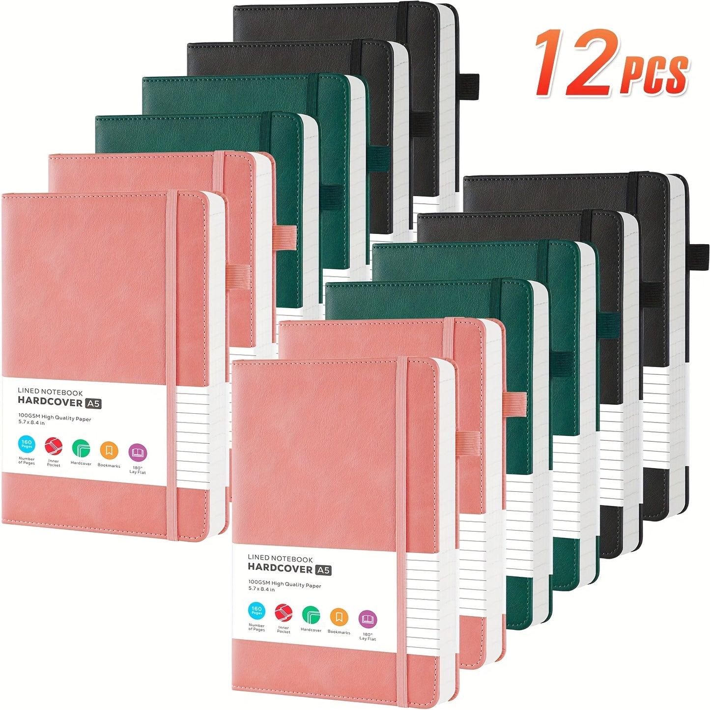 Lined College-Ruled Notebooks - A5 Size PU Leather Hardcover -- 6pks & 12pks Options