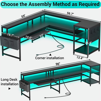 Escritorio de computadora en forma de L de 56" con luces, tomas de corriente y estantes de almacenamiento