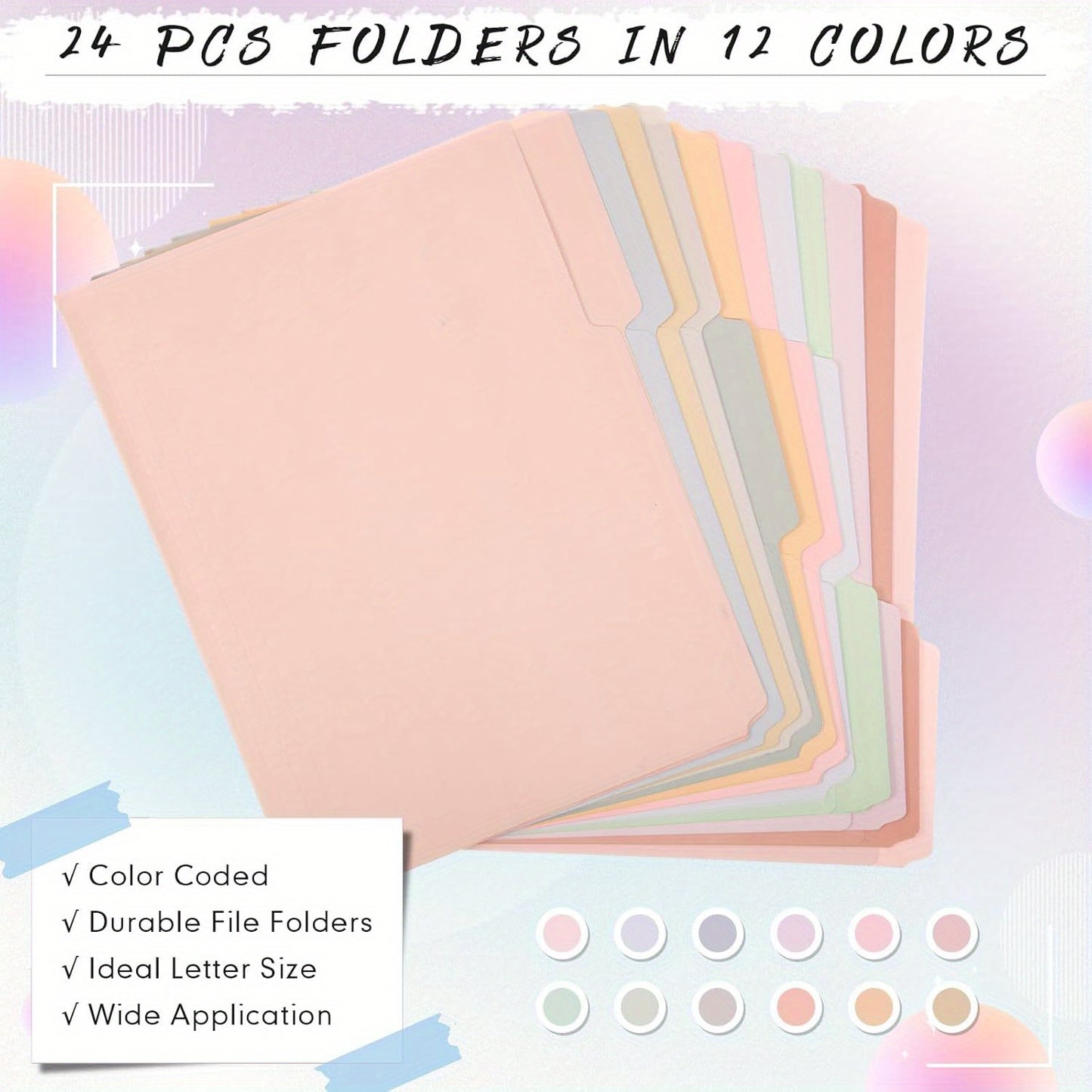 24pcs Colorful Letter-Size Folders w/ 1/3 Cut Labels - 9.49 x 11.61in