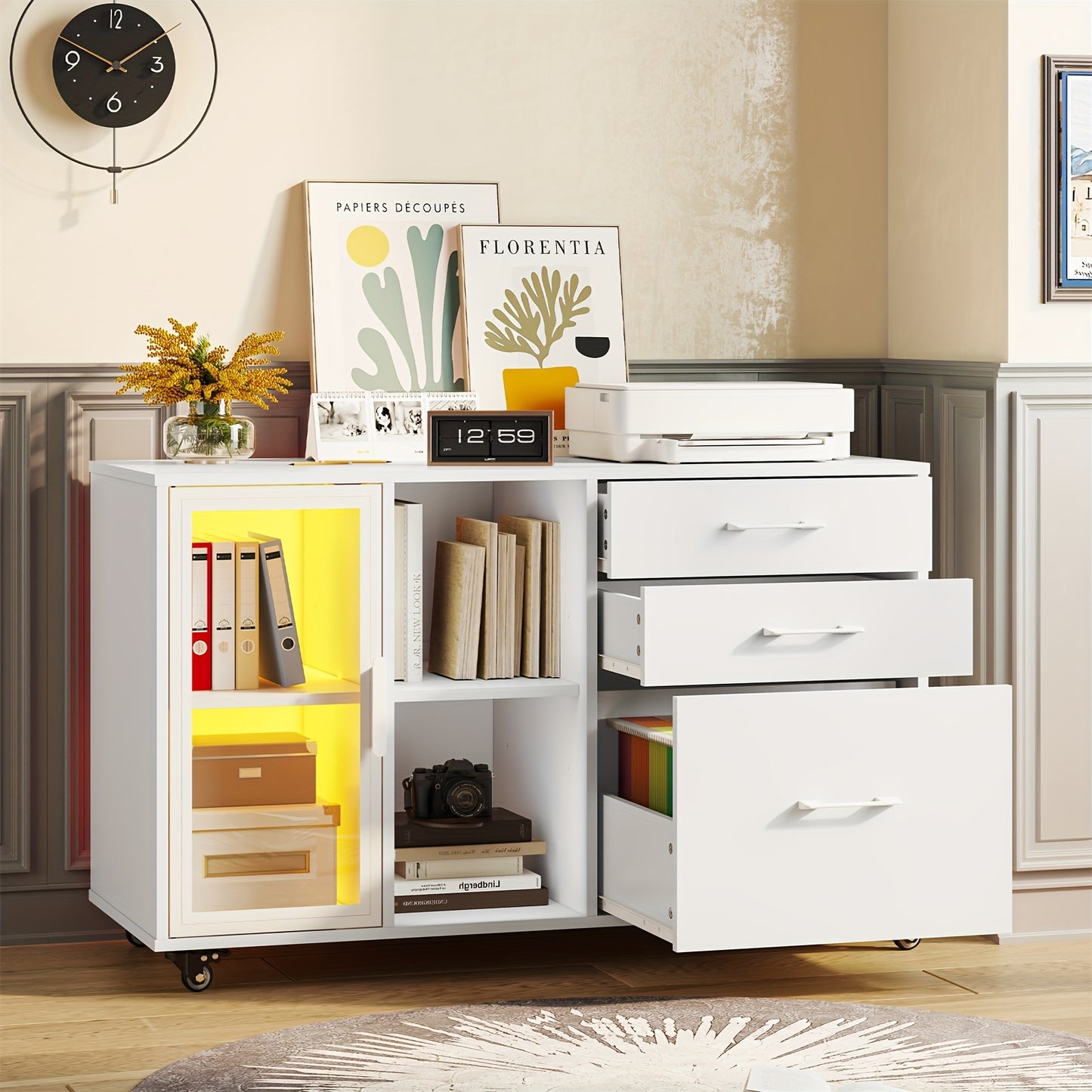 Three Drawer Rolling File Cabinet w/ LED Lights & Open Storage Shelves