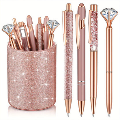 9pk Ballpoint Pen w/ Artificial Diamond & Glitter Pen Holder