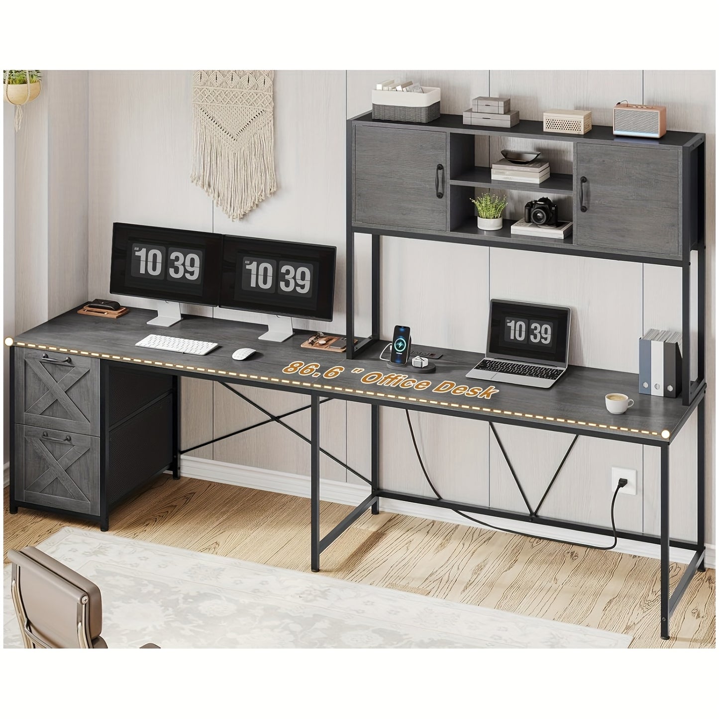 Escritorio en forma de L de 62,2" con armario, estantes, cajones, iluminación y tomas de corriente - 4 opciones de color