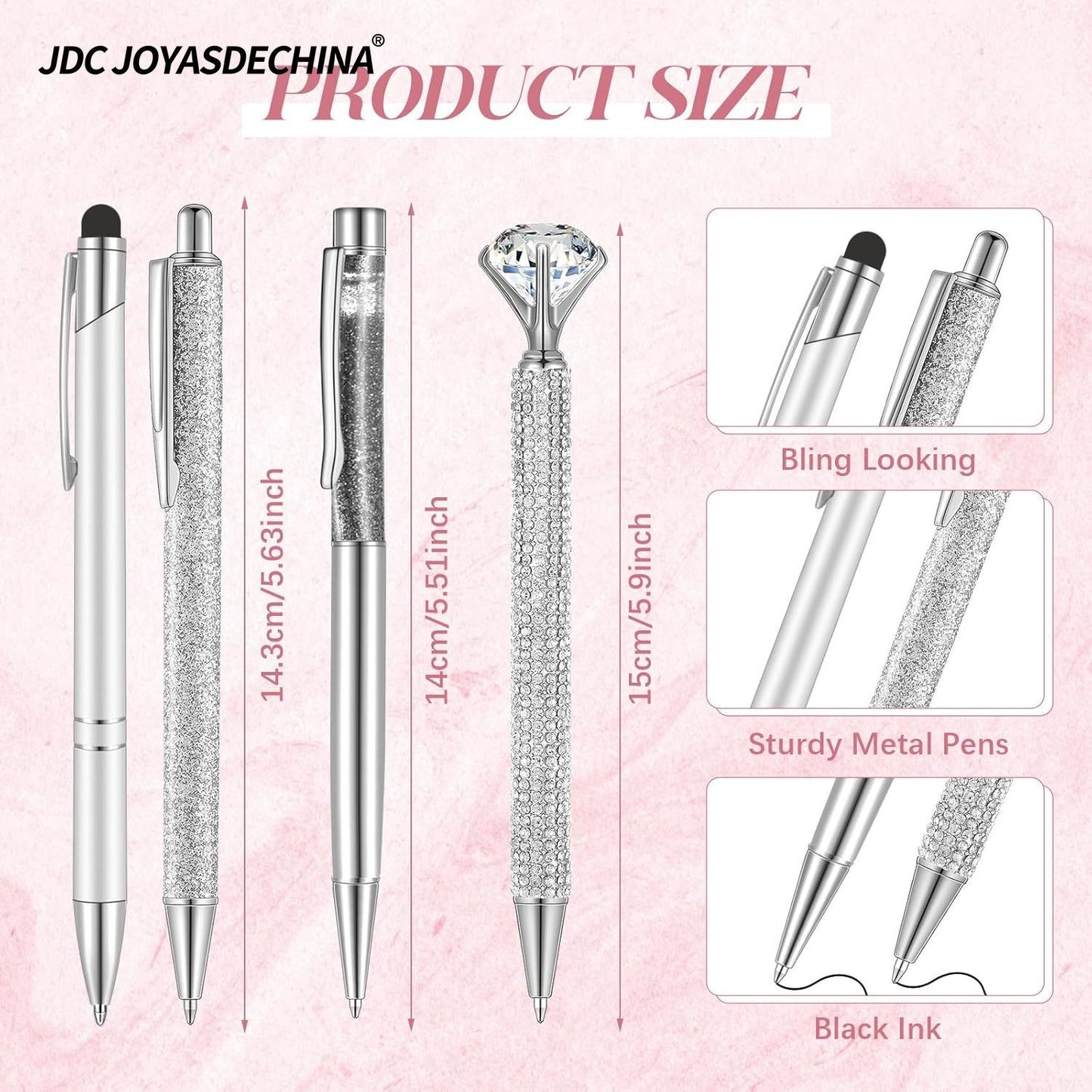 9pk Ballpoint Pen w/ Artificial Diamond & Glitter Pen Holder