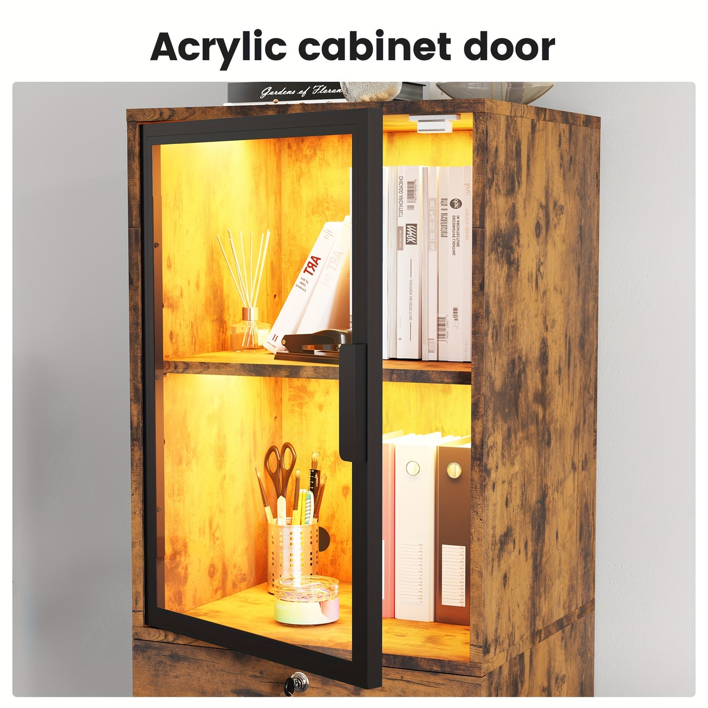 Two Drawer File Cabinet w/ Acrylic Cabinet Door, LED Lights, & Lock - Fits Letter and A4 Files