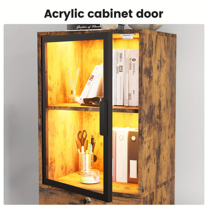 Two Drawer File Cabinet w/ Acrylic Cabinet Door, LED Lights, & Lock - Fits Letter and A4 Files