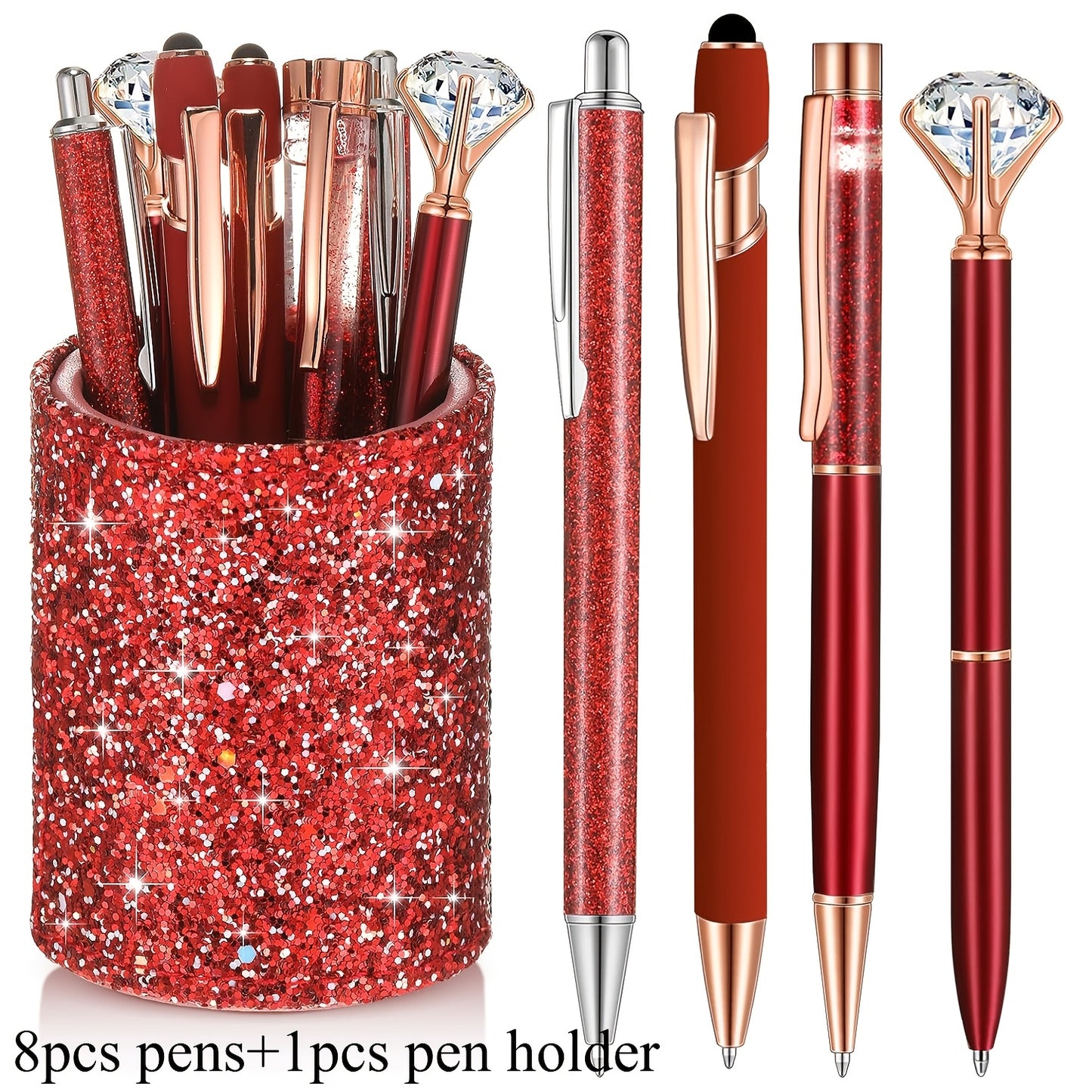 9pk Ballpoint Pen w/ Artificial Diamond & Glitter Pen Holder